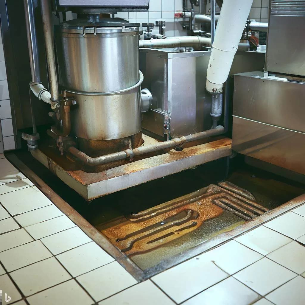 Restaurant kitchen floor drain showing signs of grease trap backup
