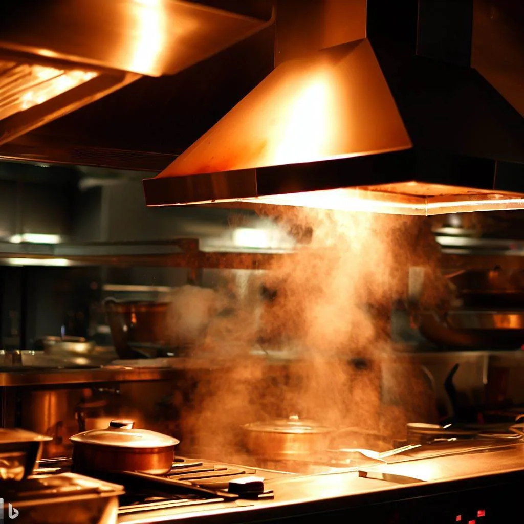 Commercial kitchen hood system with visible grease buildup requiring professional cleaning