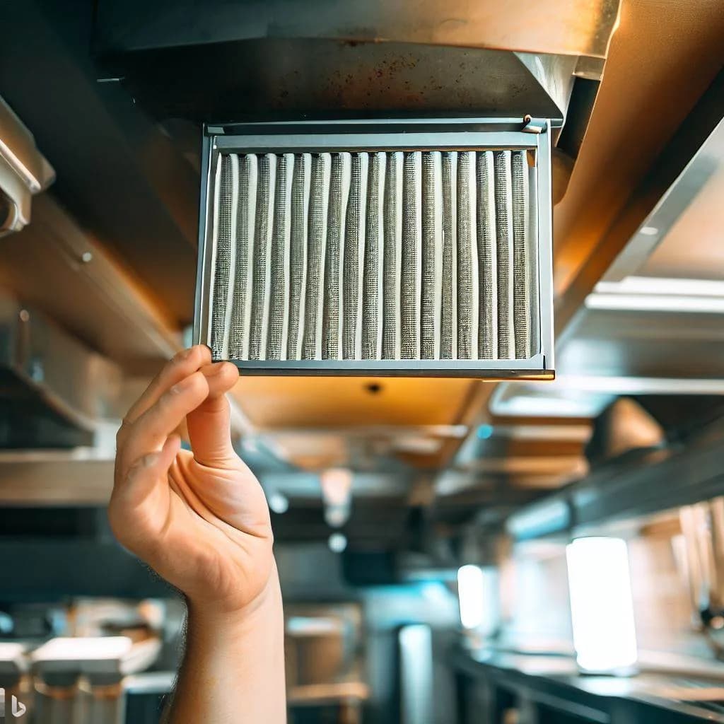 Restaurant hood filters being inspected and exchanged in commercial kitchen