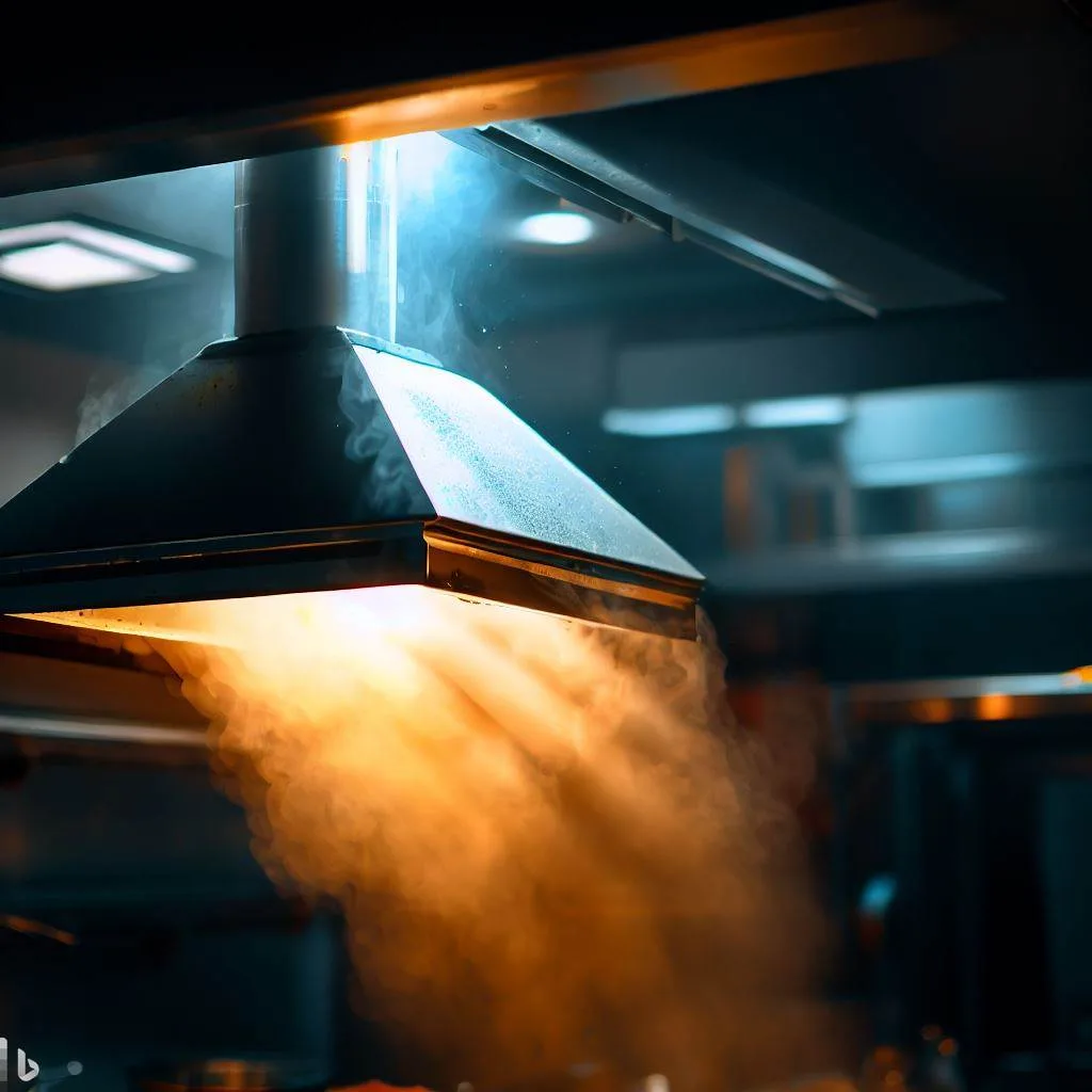 Commercial kitchen hood system showing grease buildup and maintenance issues