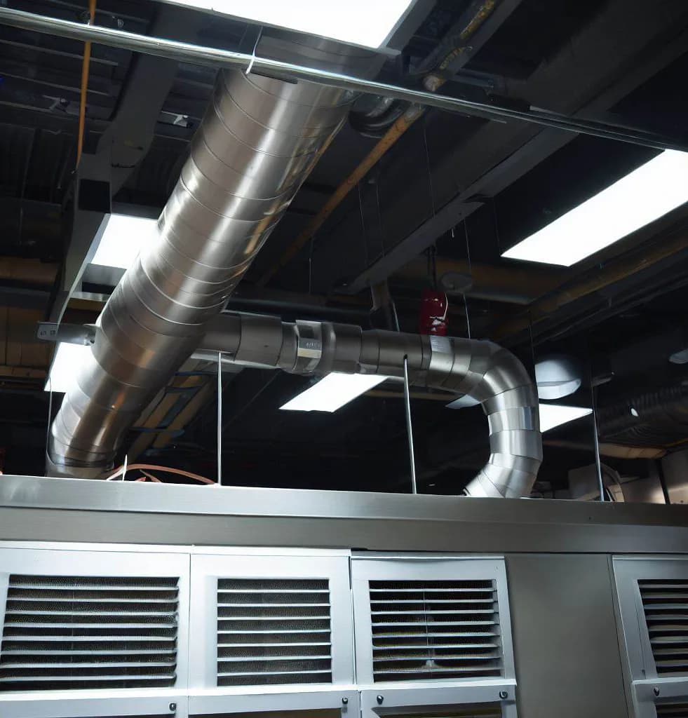 HVAC technician servicing rooftop unit on commercial restaurant building in Los Angeles