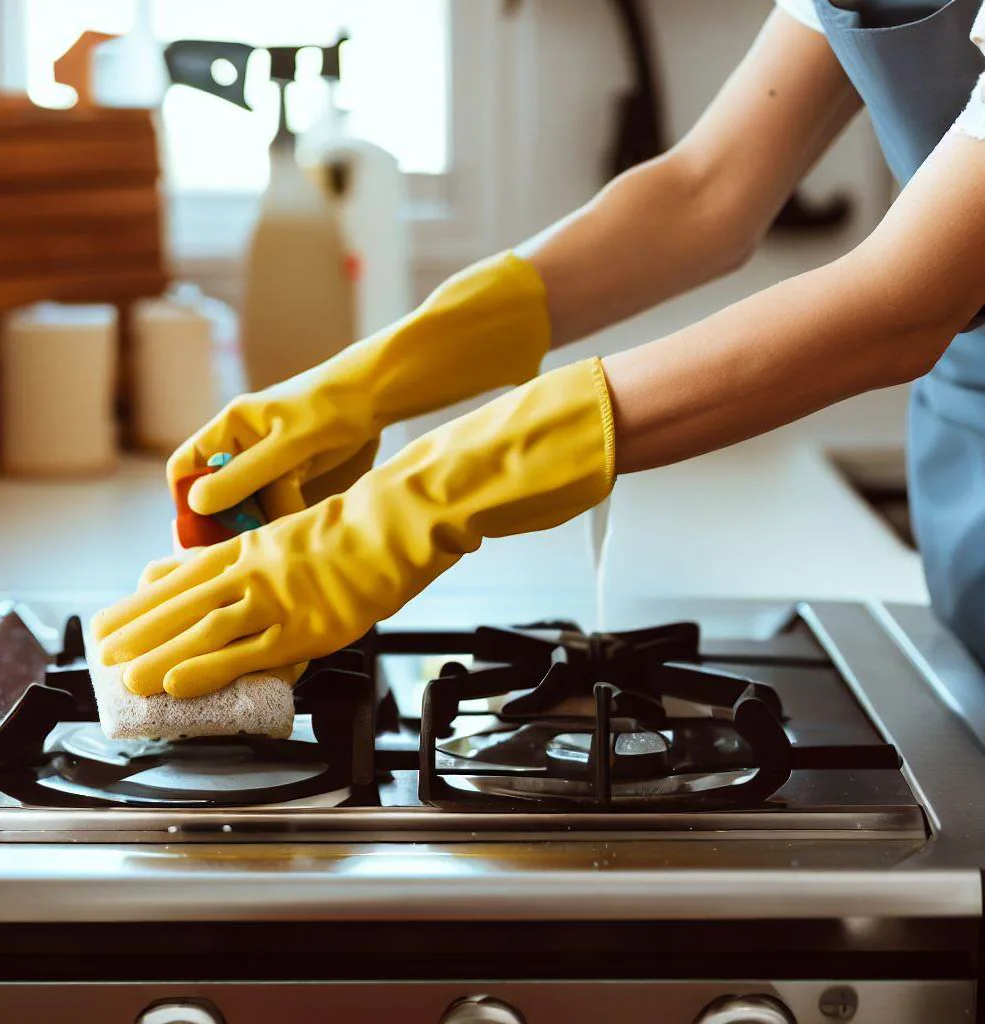 Chef cleaning commercial hot line cooking equipment in restaurant kitchen after service