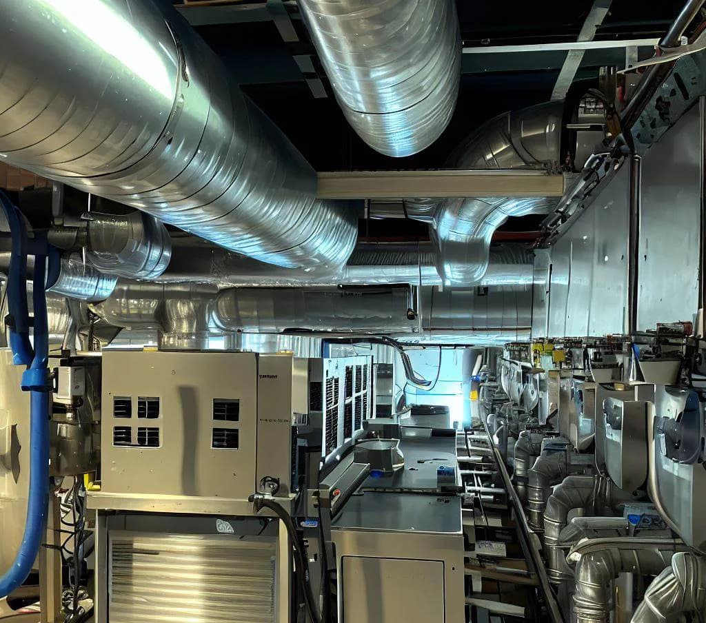 Restaurant HVAC system rooftop unit with clean condenser coils showing proper maintenance