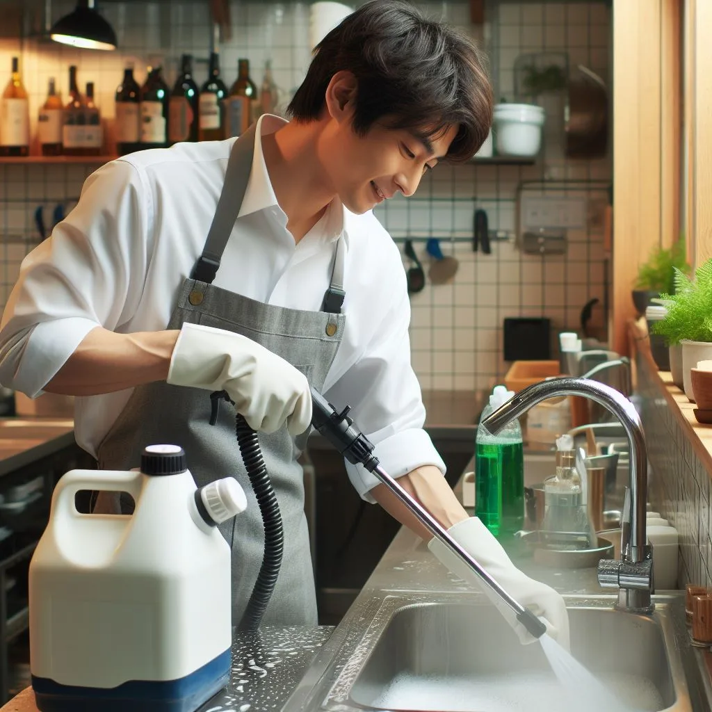 Professional pressure washing commercial kitchen floor in Los Angeles restaurant