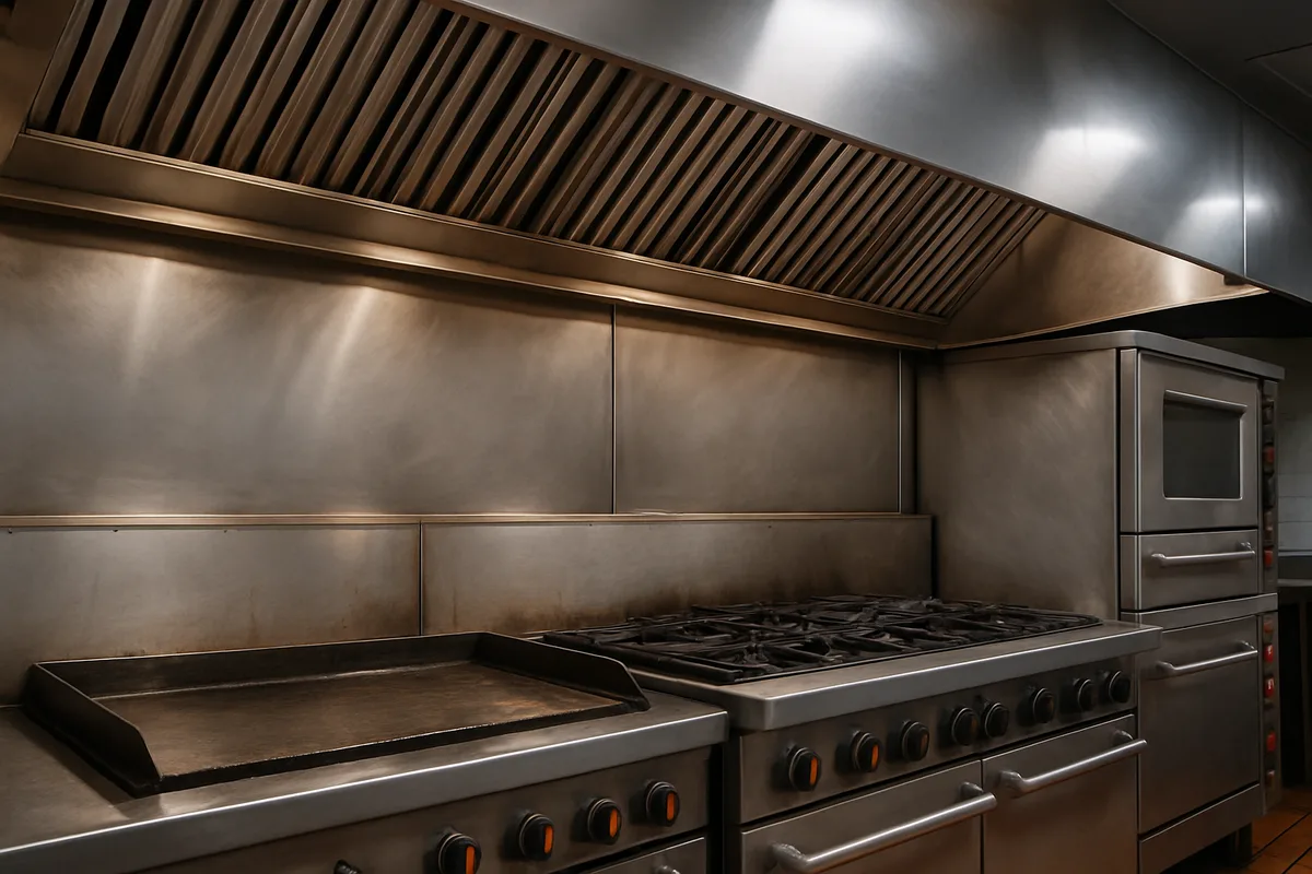 Licensed hood cleaning technician cleaning commercial kitchen exhaust system in Los Angeles restaurant