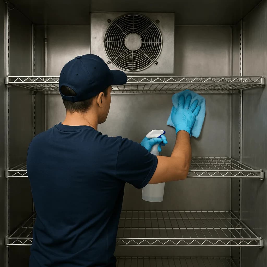 Staff cleaning commercial walk-in cooler shelving and interior surfaces in restaurant kitchen