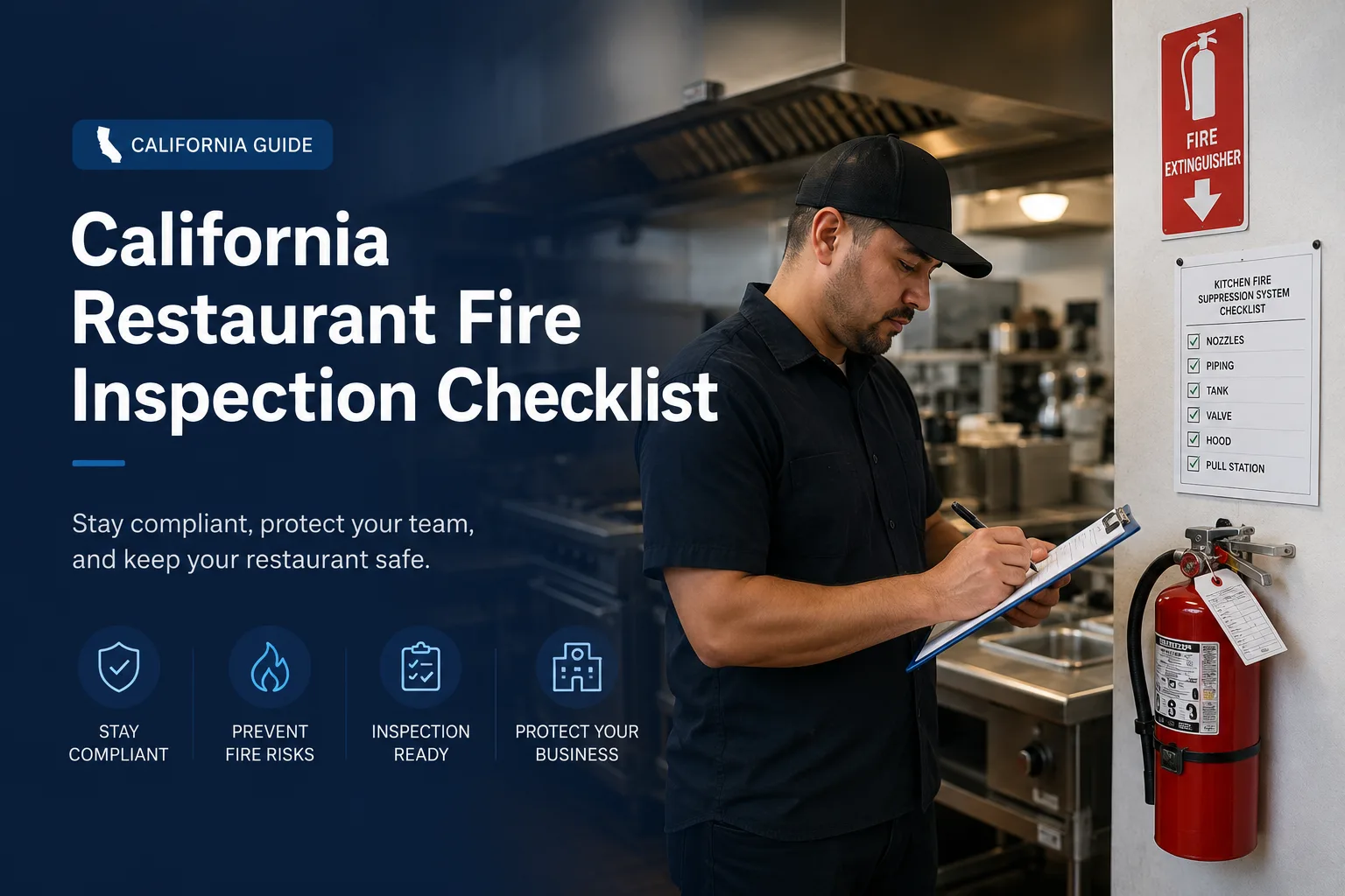 Restaurant kitchen manager completing a fire inspection checklist beside a wall-mounted fire extinguisher in a California commercial kitchen