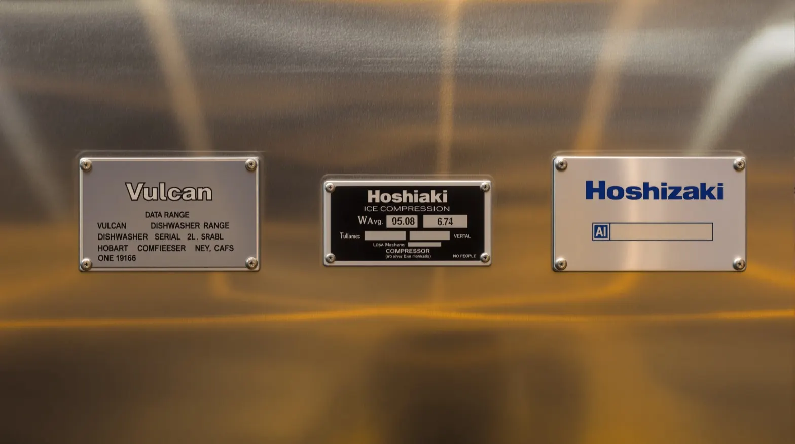 A spread of three commercial kitchen equipment nameplates on a polished stainless surface: a Vulcan range data plate, a Hobart dishwasher serial tag, a Hoshizaki ice machine compressor plate