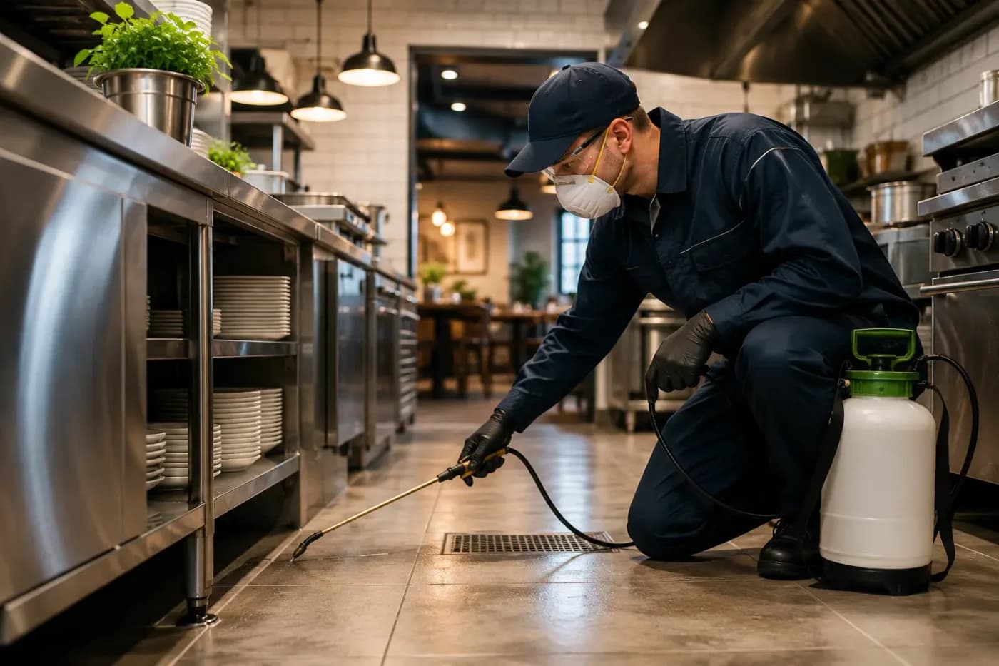 BohPro pest control technician inspecting a commercial restaurant kitchen for pest activity