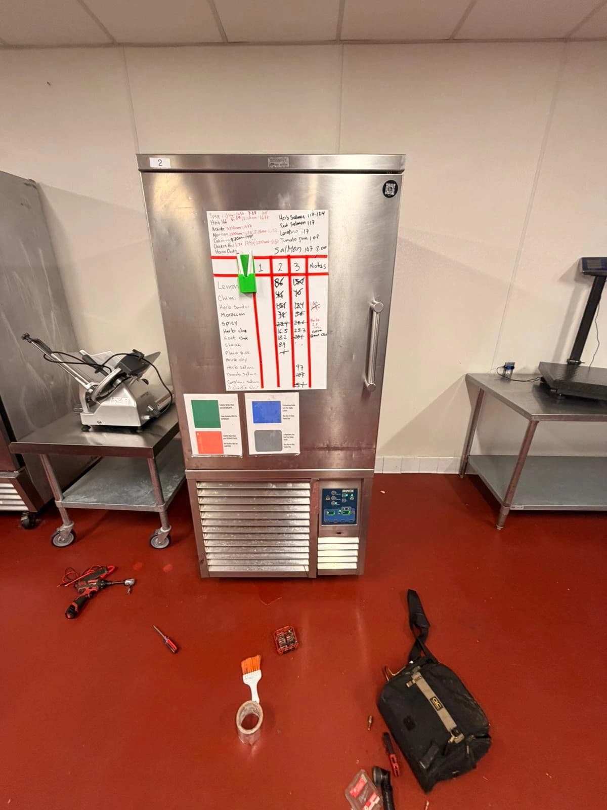 Commercial walk-in cooler and refrigeration units in a restaurant kitchen