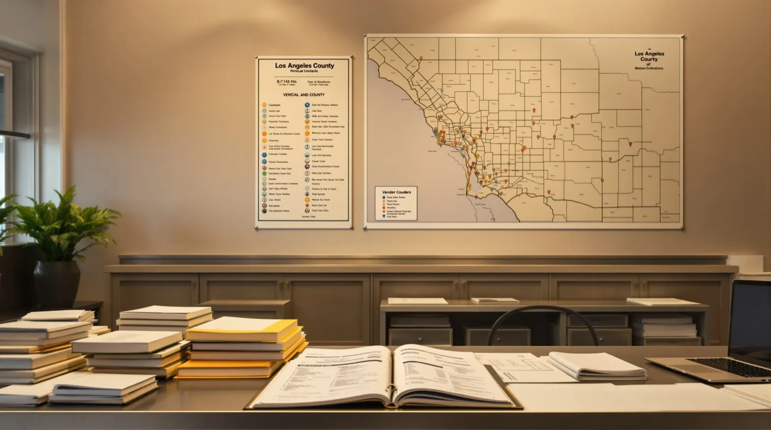 A multi-unit restaurant operations office at end of quarter. Stacks of vendor invoices and printed work orders on a wide desk, a wall map with location pins, a binder of vendor contacts open beside a closed laptop. Warm amber overhead light, brushed steel and paper-cream palette.