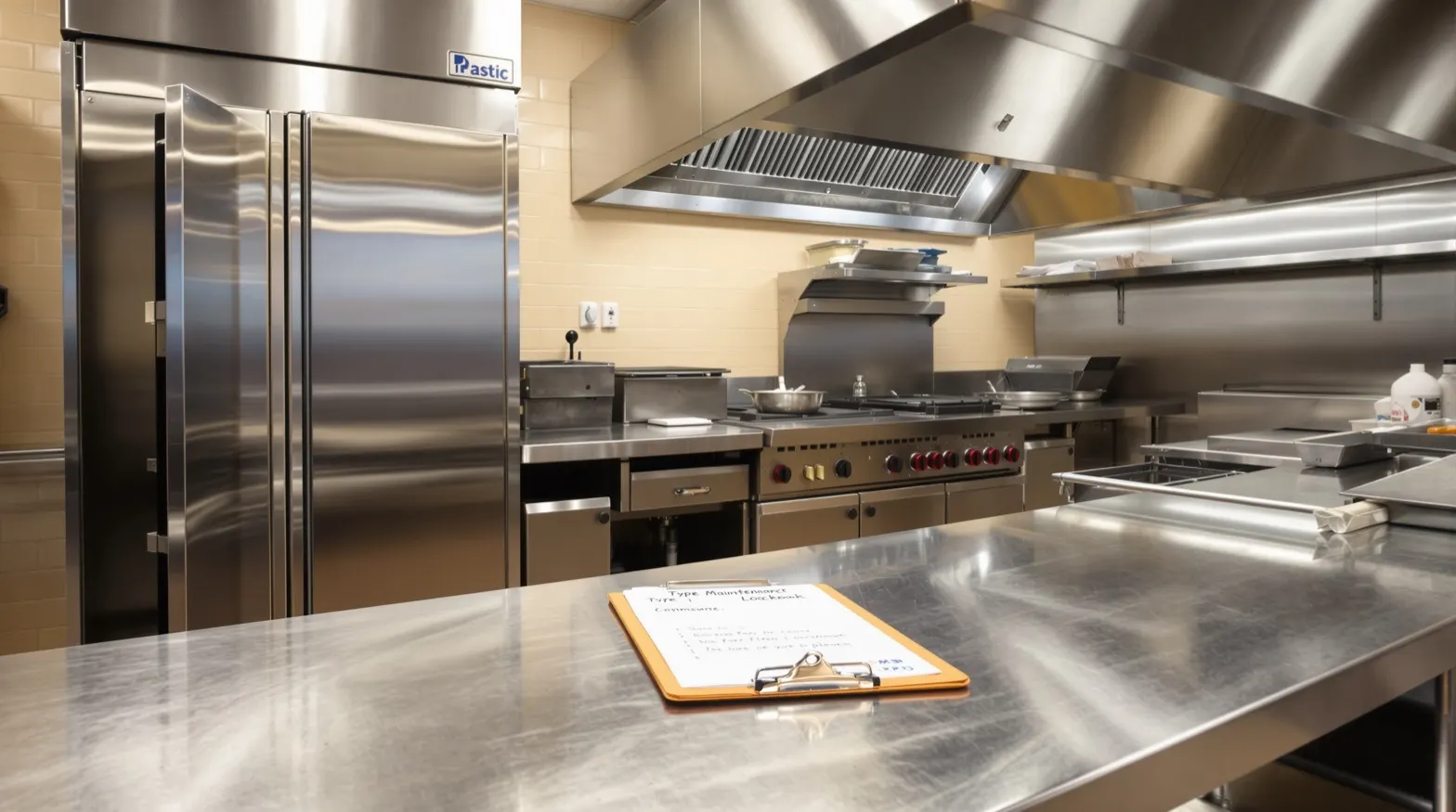 A commercial restaurant kitchen at mid-afternoon prep. A walk-in cooler with the door slightly open, a Hoshizaki ice machine on the prep line, the back of a Type 1 hood visible at upper edge, stainless steel surfaces with maintenance log clipboards. Warm amber service light, brushed steel and paper-cream palette, no people identifiable. Realistic documentary photography.