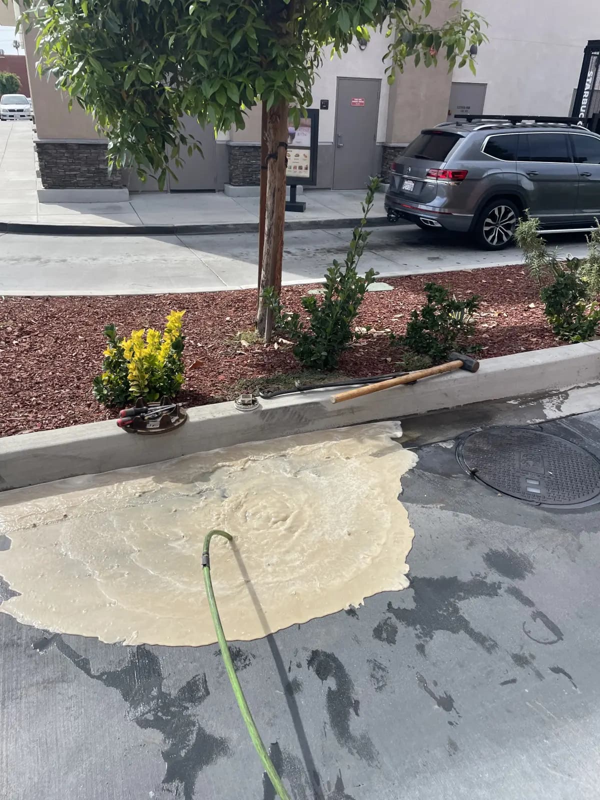 Grease trap overflow outside a restaurant service area