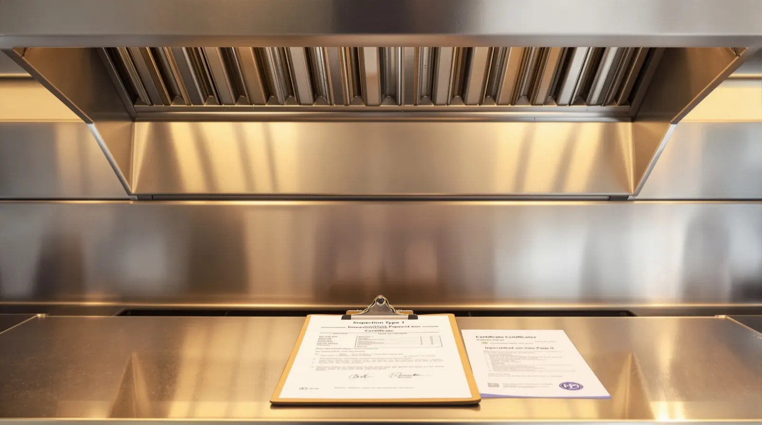 A commercial kitchen Type 1 hood with the access panel open, a clipboard with a partially completed inspection report on the cookline below, soft amber under-hood lighting reflecting off polished stainless steel surfaces. No people identifiable. Documentary photography.