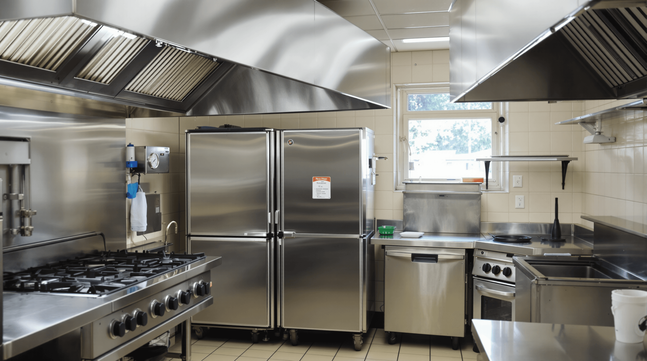 A commercial kitchen line during service: a walk-in cooler door, an ice machine, and a hood-ventilation run above the hot line