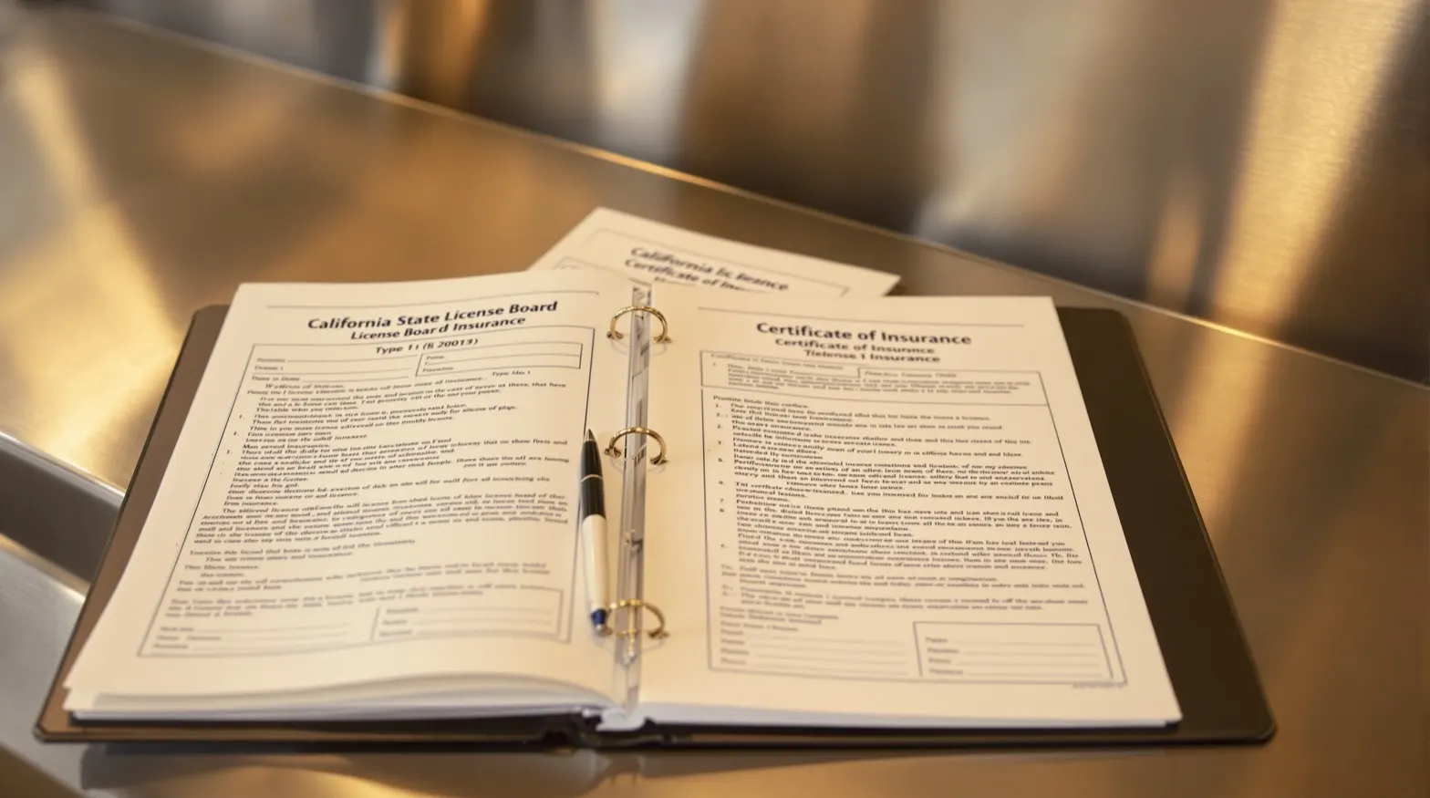 A binder of California State License Board printouts and certificate-of-insurance pages on a stainless steel prep table, the corner of a Type 1 hood visible at the upper edge of the frame. A pen rests on the open binder. Warm steel and paper-cream palette, no people, realistic documentary photography.