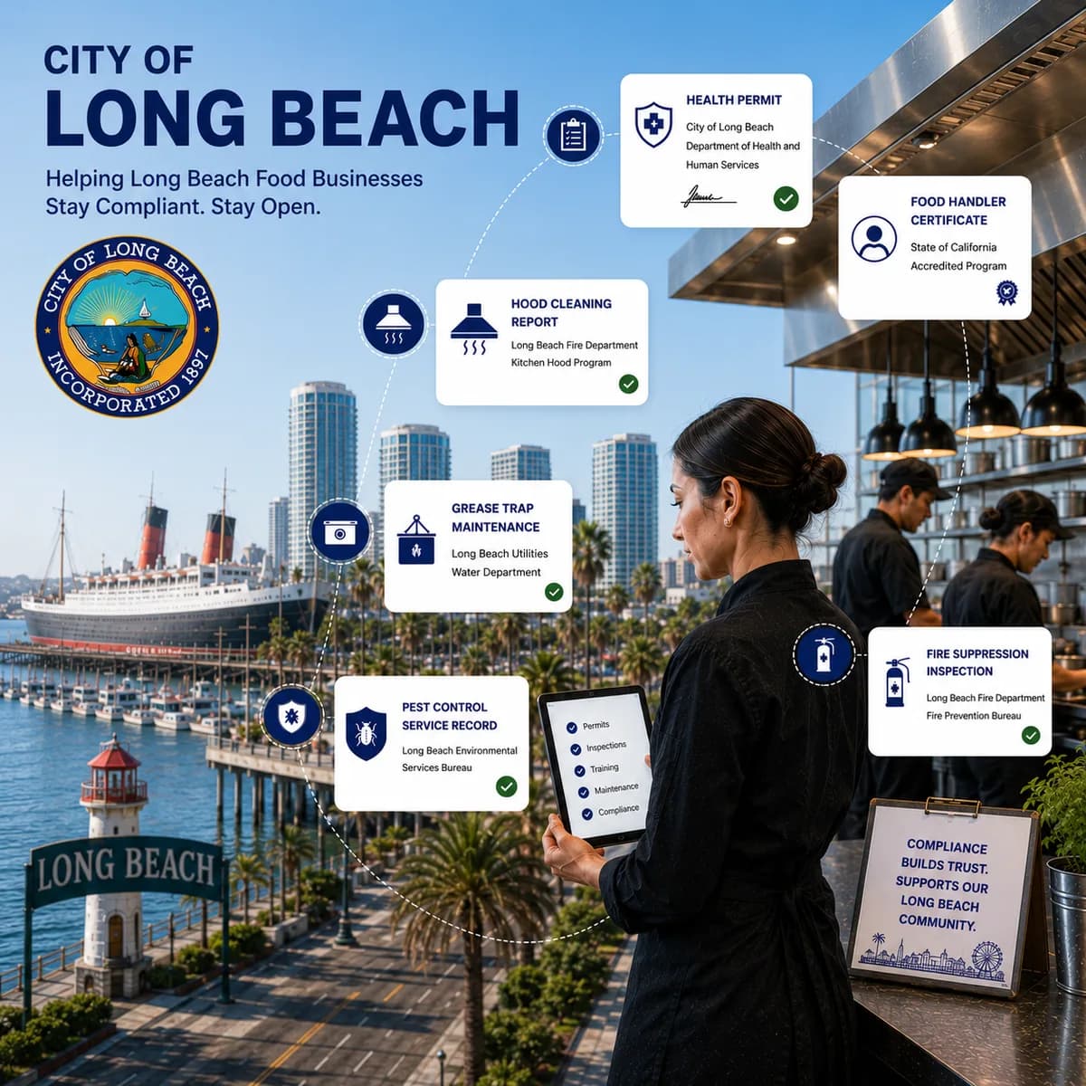 Restaurant operator in a Long Beach kitchen tracking the records the city's own health and fire departments require: health permit, food handler certificate, hood cleaning report, grease trap maintenance, pest control service record, and fire suppression inspection