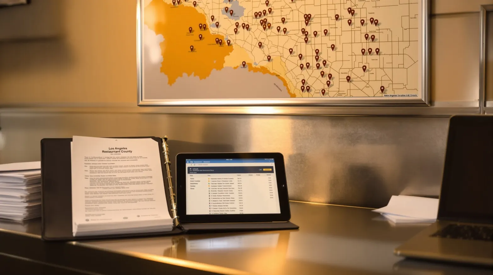 A regional restaurant operations desk in mid-afternoon: a binder of inspection-report PDFs open on a stainless-steel surface, a wall map of Southern California with multi-location pins, a tablet showing an indexed maintenance records dashboard, and a stack of paper certificates beside a closed laptop