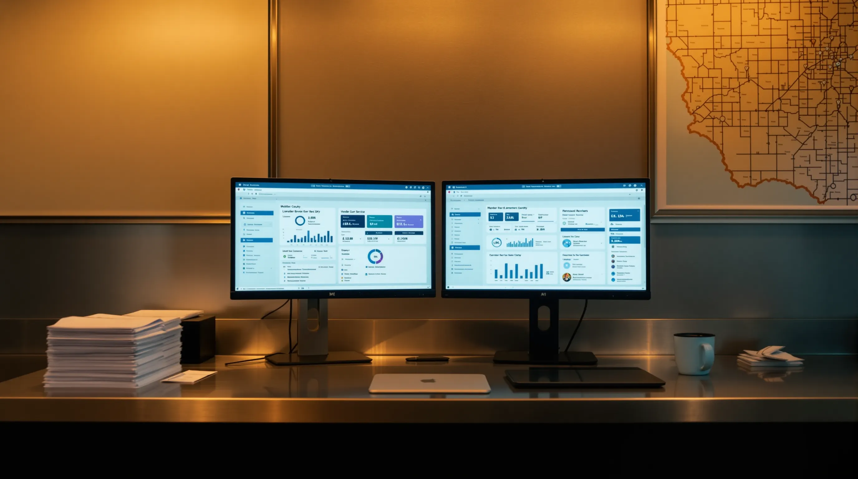 A multi-location restaurant operations desk at end of day: one monitor showing an asset-management dashboard, another showing a vendor-dispatch ticket queue