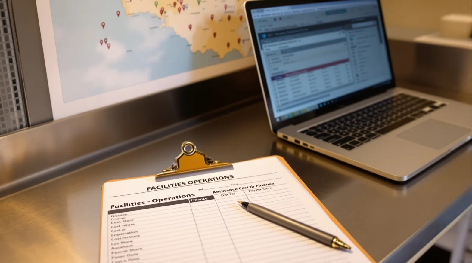 A facilities-operations finance worksheet on a clipboard next to a stainless prep table, with a pen resting on a cost-per-store column. A laptop is closed beside it. Warm steel and paper-cream palette, no people identifiable, realistic documentary photography.