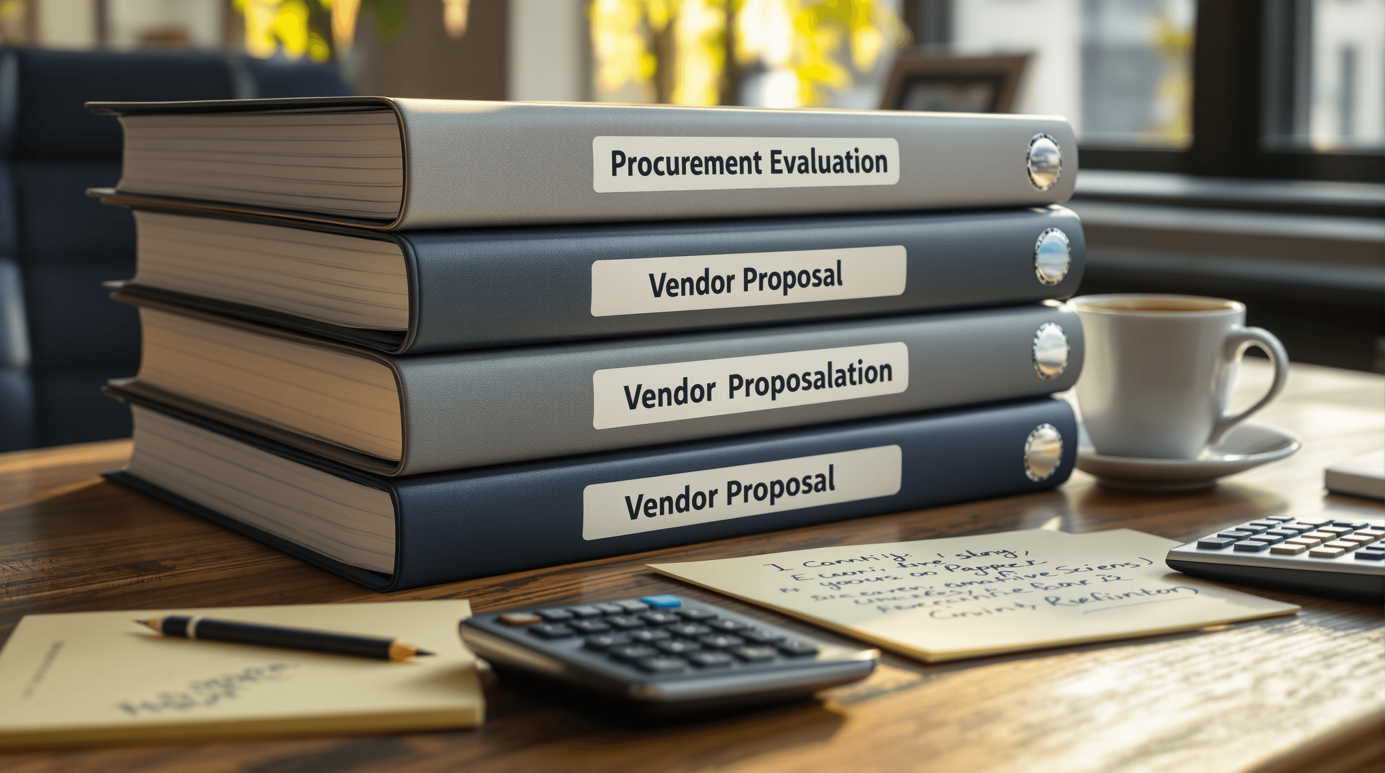 A multi-unit restaurant procurement desk mid-evaluation: a printed RFP scoring rubric beside a laptop showing a vendor comparison table and a 60-day timeline