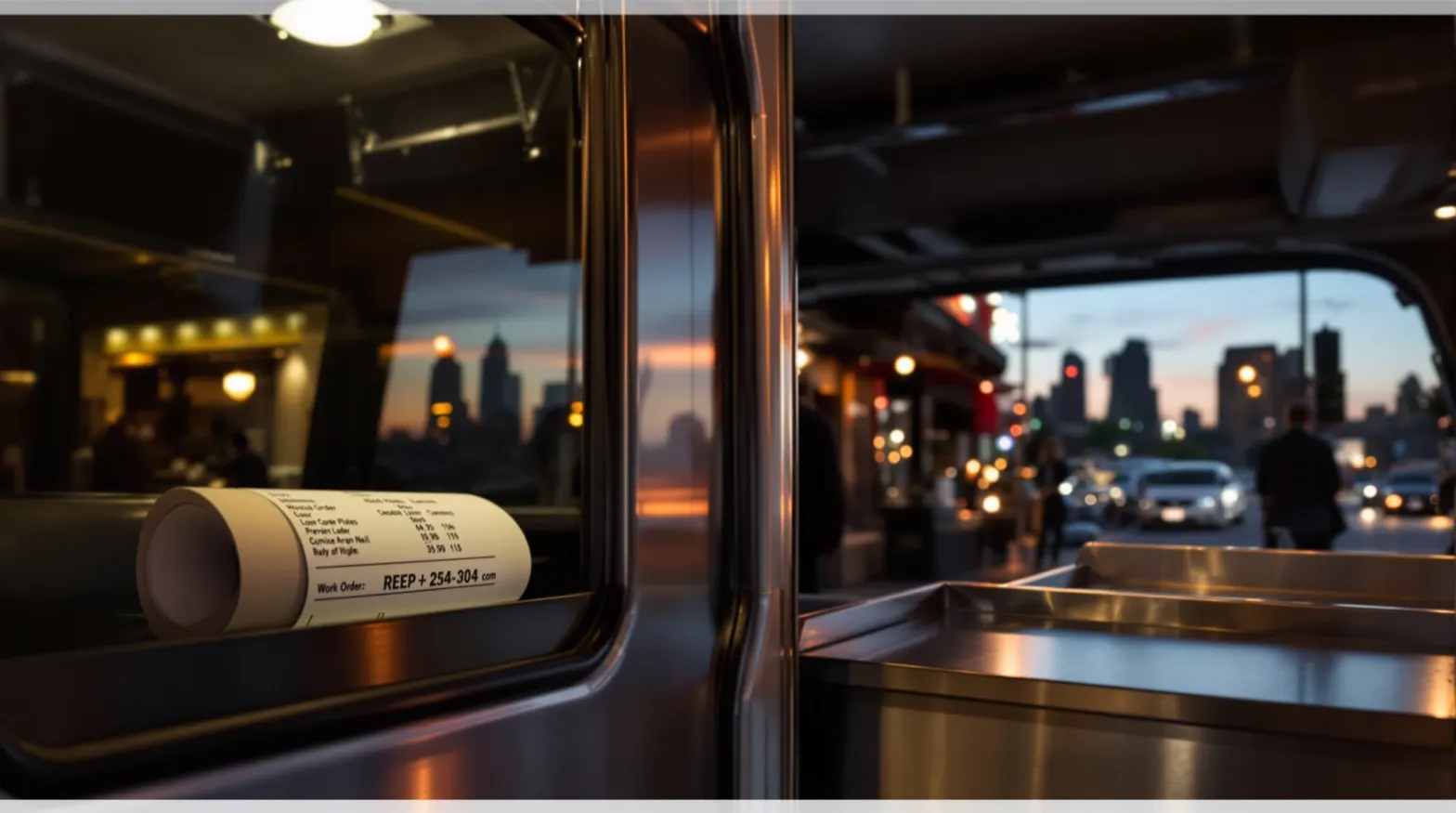 The interior of a service van parked at twilight on a street outside a restaurant. A rolled-up work-order ticket and a stainless steel tool tray are visible through the open van door. Warm amber service lighting. Realistic documentary photography.