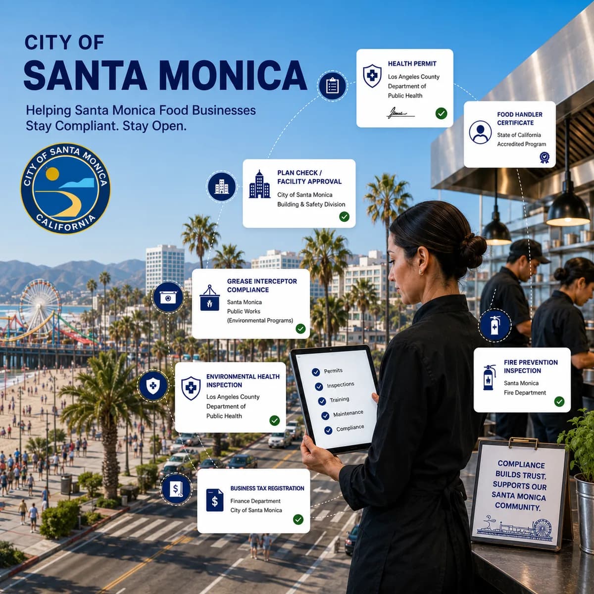 Restaurant operator in a Santa Monica kitchen tracking the permits and inspections required to stay open: health permit, food handler certificate, plan check approval, grease interceptor compliance, environmental health inspection, business tax registration, and fire prevention inspection
