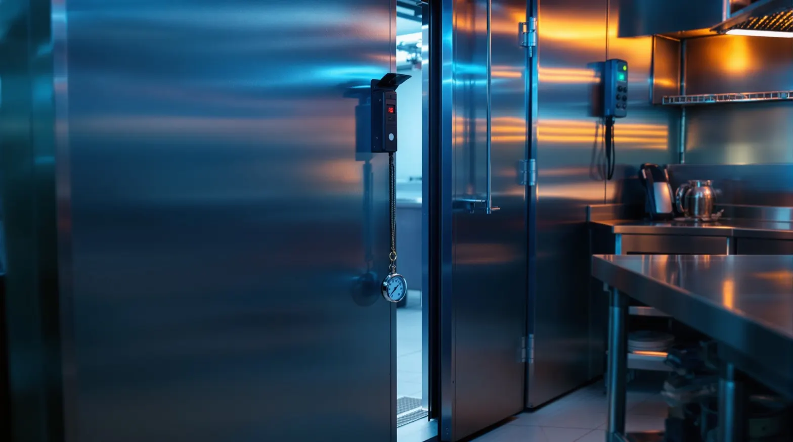 A walk-in cooler interior in a commercial restaurant kitchen, door slightly open, a thermometer hanging from a shelf bracket, faint condensate on the threshold tile, the corner of a service-call phone visible on a prep table outside. Cool blue-amber palette, no people identifiable. Documentary photography.