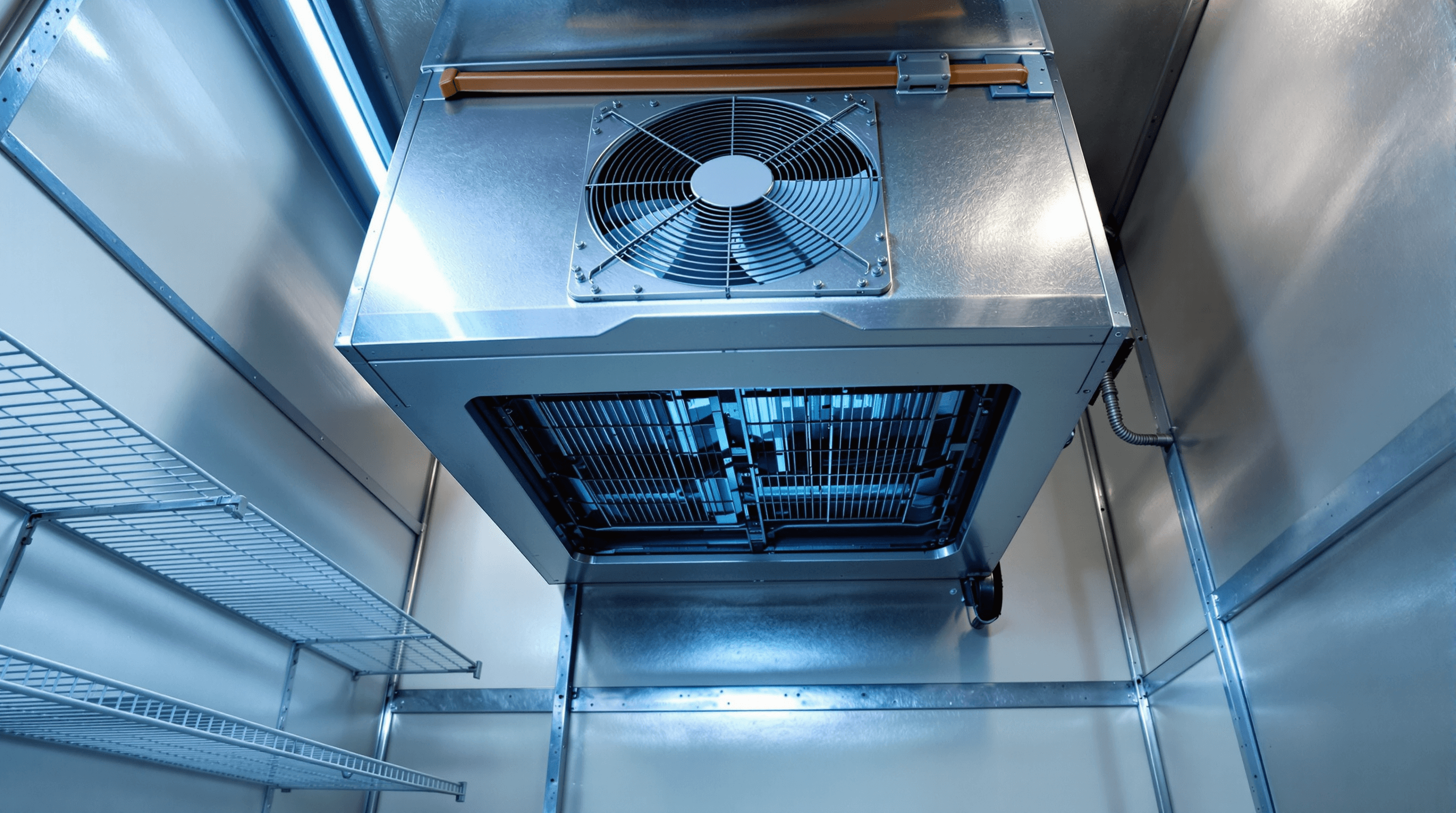 A commercial walk-in cooler component map: rooftop condenser, evaporator with fans and drain pan inside the box, thermostat controller on the wall, and electrical panel with breaker and defrost timer