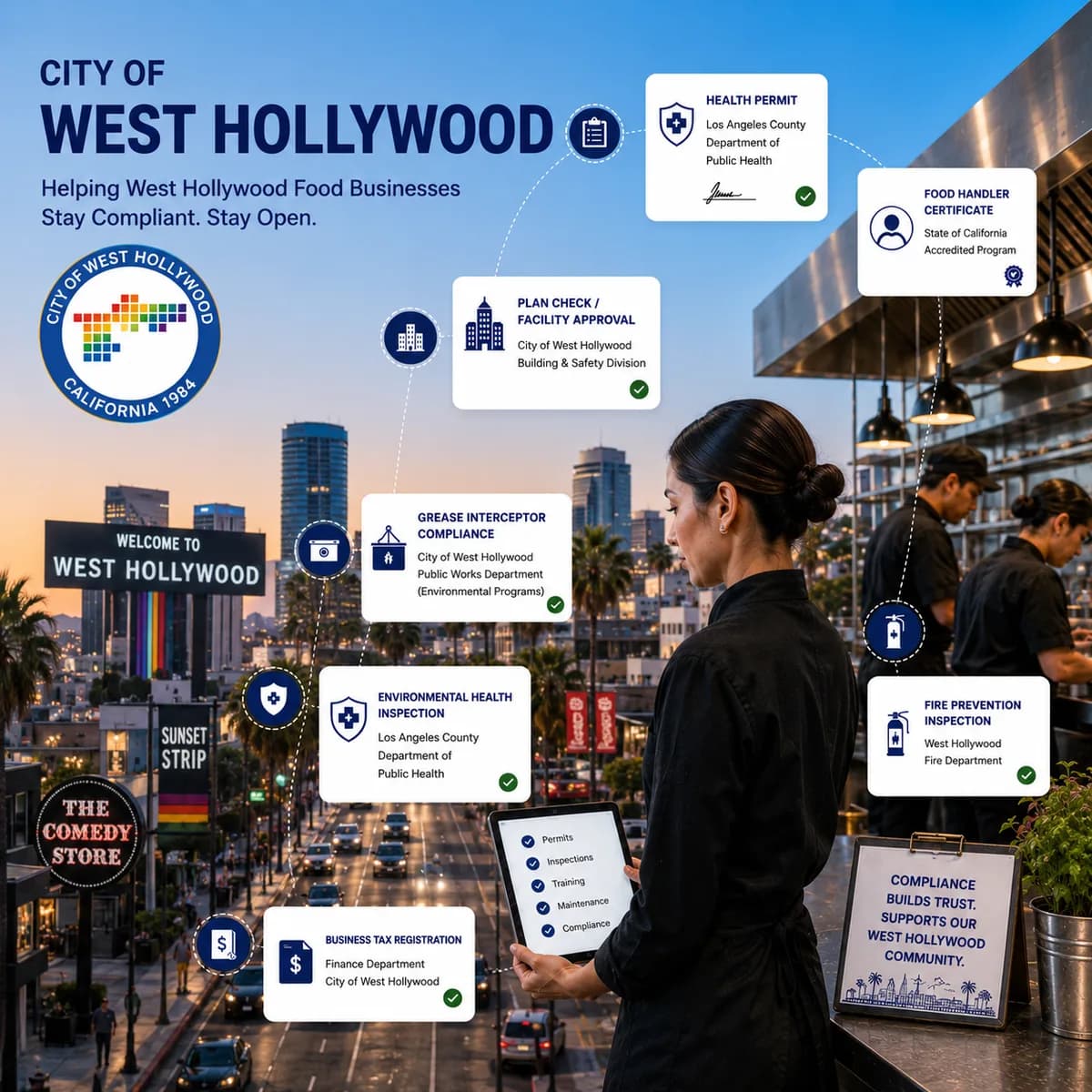 Restaurant operator in a West Hollywood kitchen tracking the compliance records a contract city splits across county and city agencies: health permit, food handler certificate, plan check approval, grease interceptor compliance, environmental health inspection, business tax registration, and fire prevention inspection
