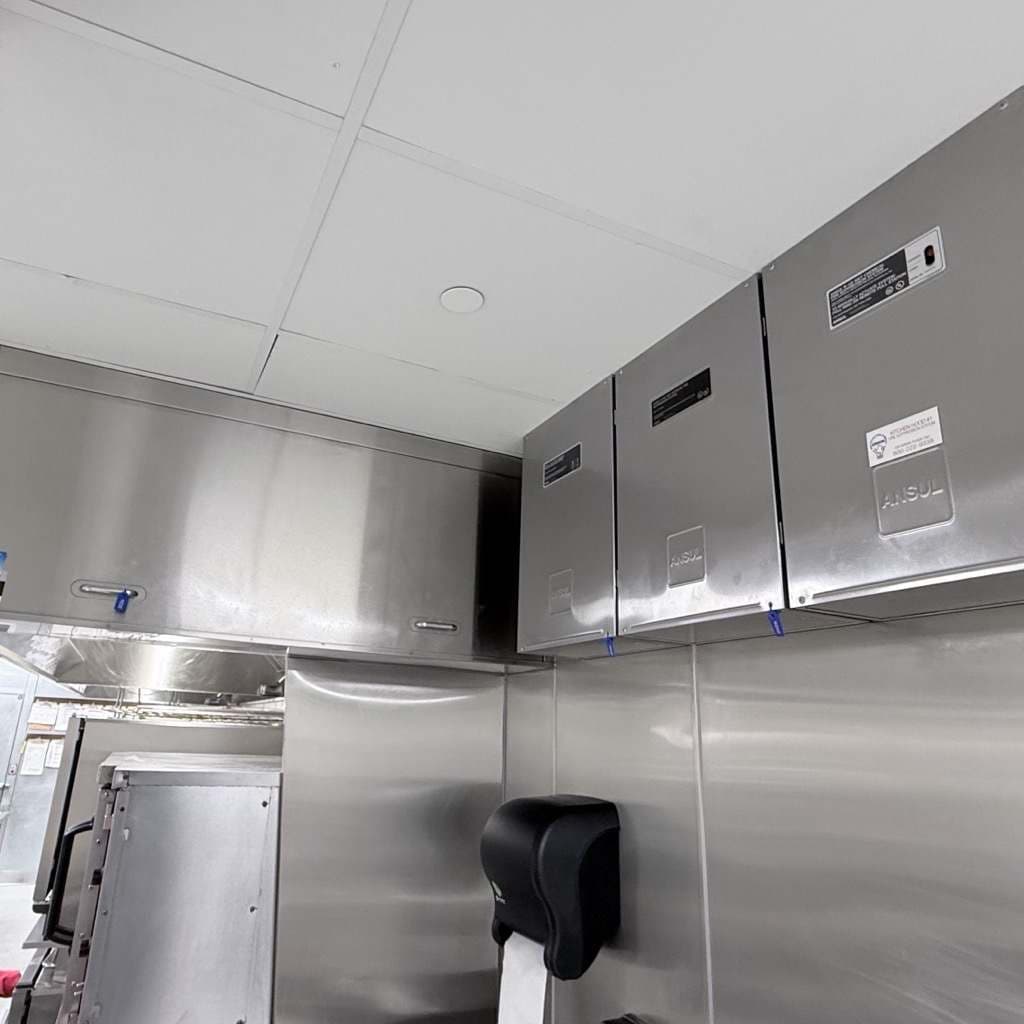 The same cabinets closed and tagged after service