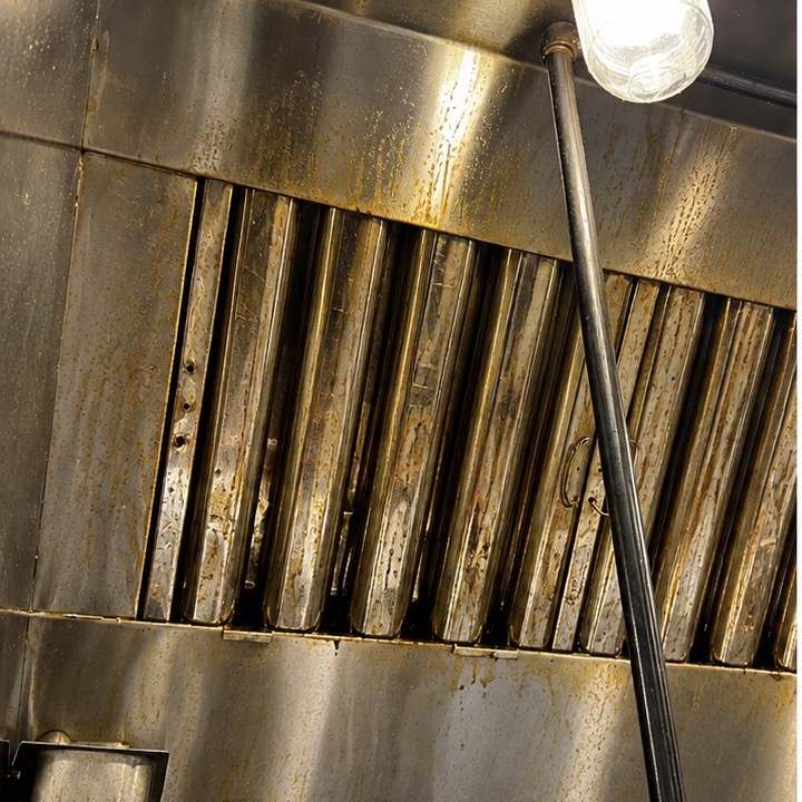 Commercial kitchen hood and baffle filters coated in grease before the exchange