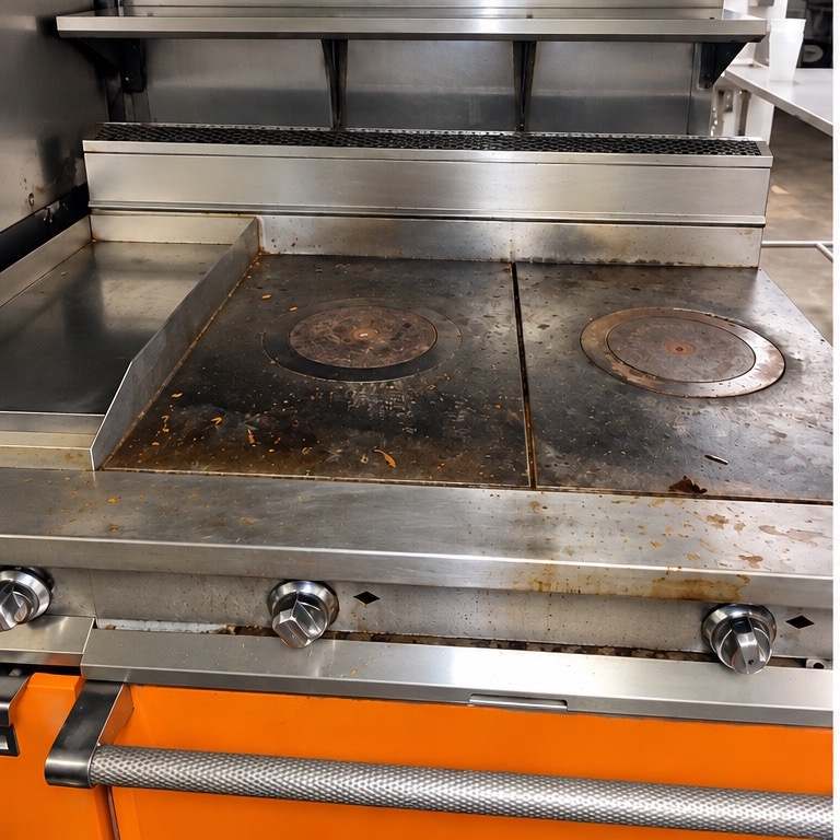 Hot line cooktop caked with burnt-on grease and spills